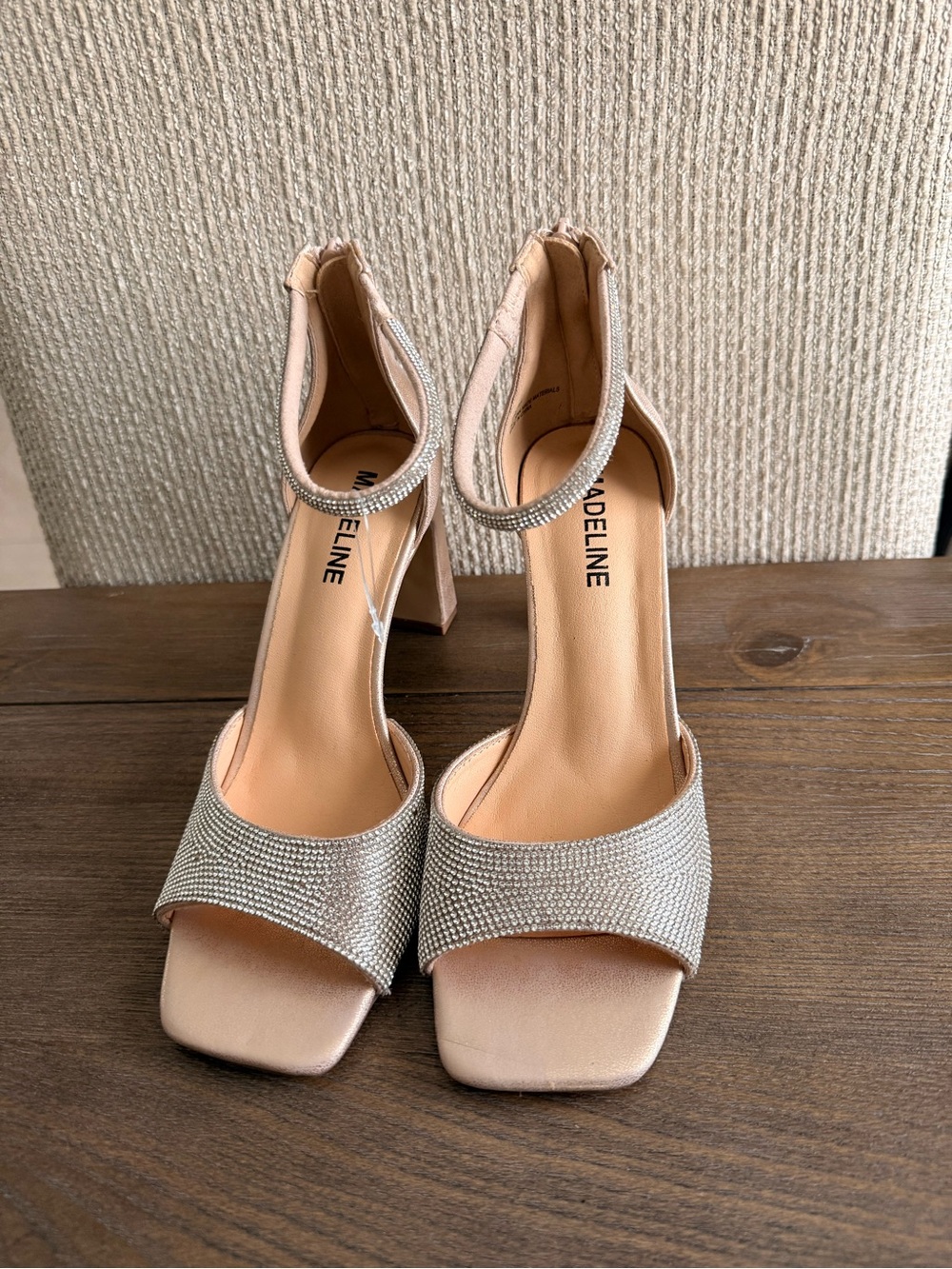 Madeline Champagne Crystal-Strap Block Heel Sandals